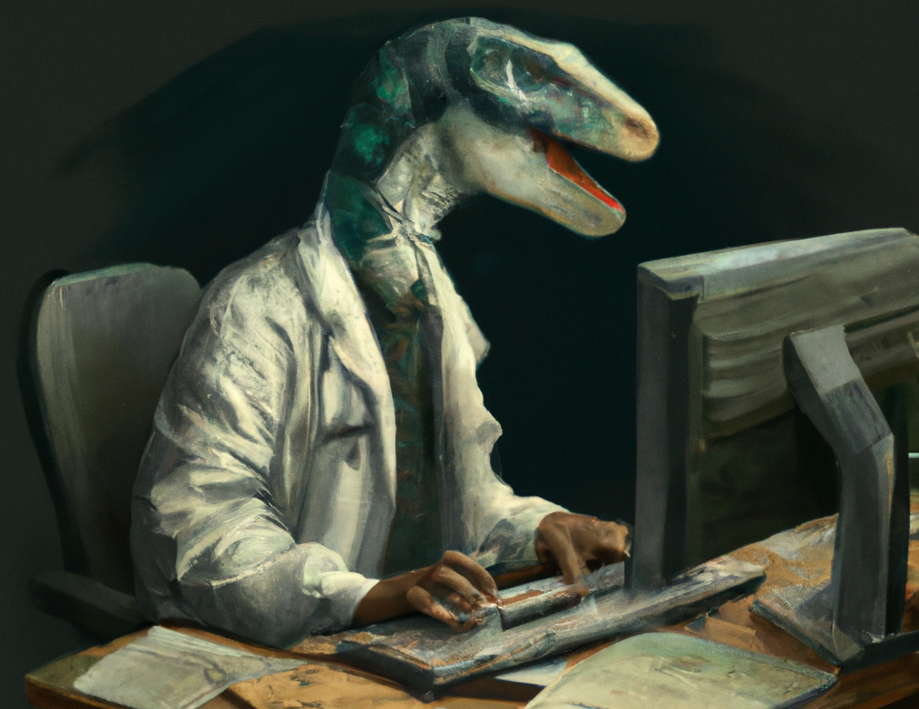 Portrait d&rsquo;un dinosaure en tenue de scientifique travaillant devant un ordinateur