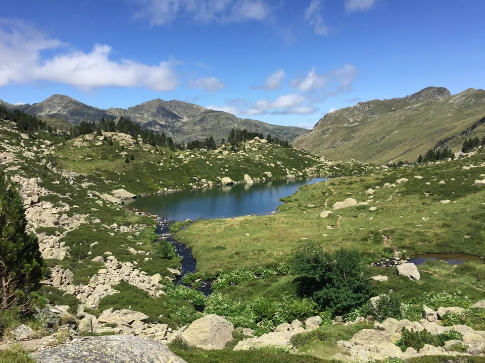 A small blue lake surrounded by grass, pale boulders, and green mountain slopes.