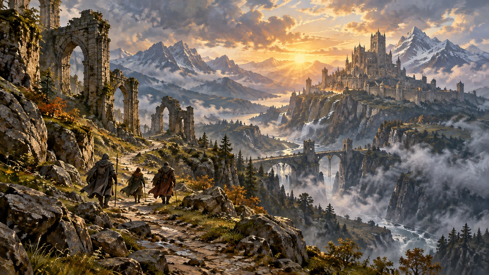 Three cloaked travelers follow a mountain trail past ancient ruins toward a citadel at dawn.